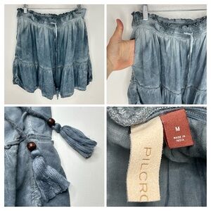 Pilcro Anthropologie Blue Linen‎ Blend Mini Skirt Sz Medium Tiered Boho Festival